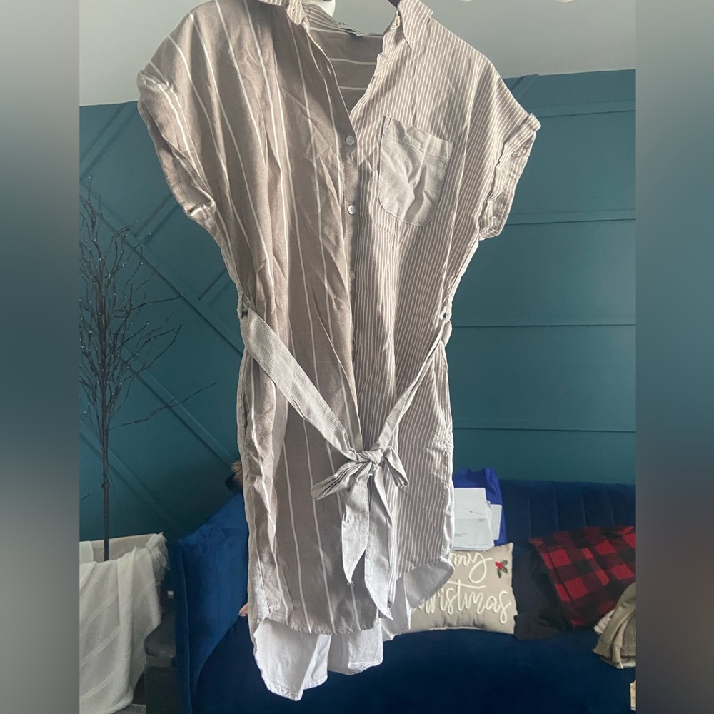 Striped Button-Up Shirt Dress with Tie Waist